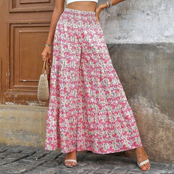 Pink Boho Women's Allover Print High Waist Wrap Around Wide Leg Pants - Picture 5 of 5